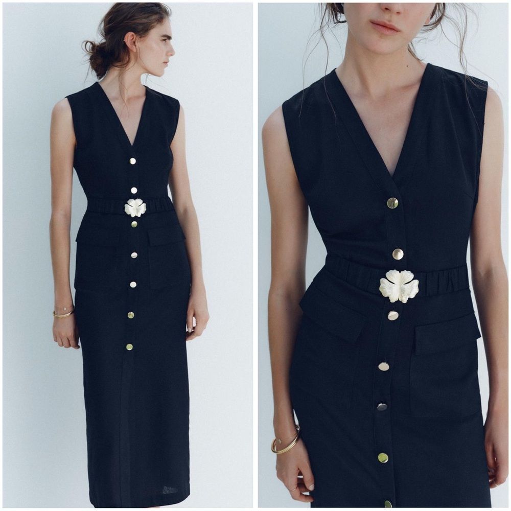 ZARA LINEN BELTED MIDI DRESS - Picture 3 of 6
